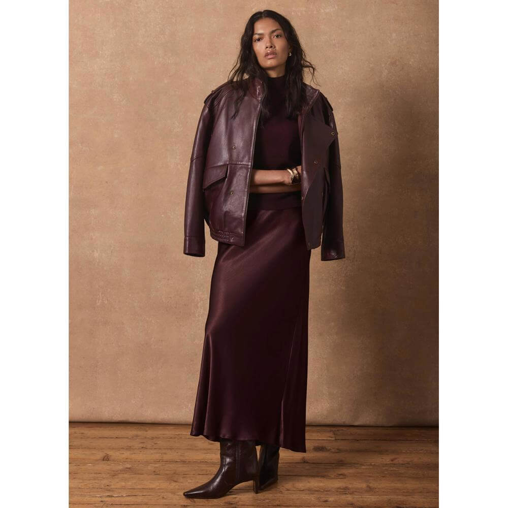 Mint Velvet Burgundy Bias Satin Slip Maxi Skirt